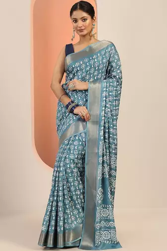 blue ethnic motifs printed saree with unstiched blouse piece