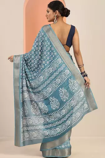 blue ethnic motifs printed saree with unstiched blouse piece