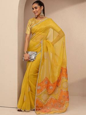 yellow embellished saree with unstitched blouse piece 1
