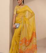 yellow embellished saree with unstitched blouse piece