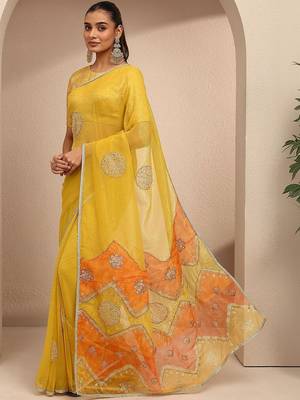 yellow embellished saree with unstitched blouse piece 2
