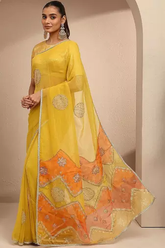 yellow embellished saree with unstitched blouse piece