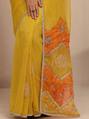 yellow embellished saree with unstitched blouse piece 3