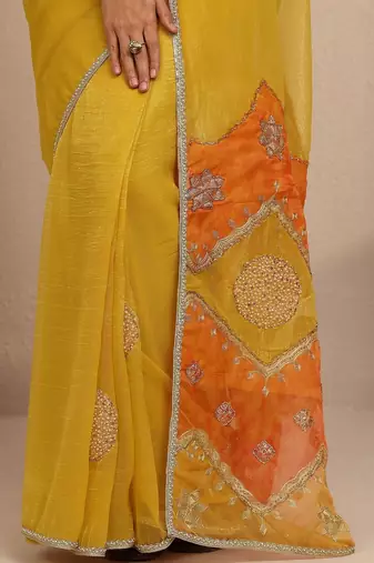 yellow embellished saree with unstitched blouse piece