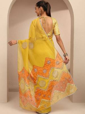 yellow embellished saree with unstitched blouse piece 4