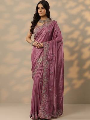 mauve embroidered crepe saree with unstitched blouse piece 1
