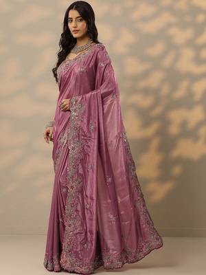 mauve embroidered crepe saree with unstitched blouse piece 2