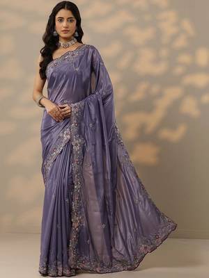 lavender embroidered crepe saree with unstitched blouse piece 1