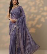 lavender embroidered crepe saree with unstitched blouse piece