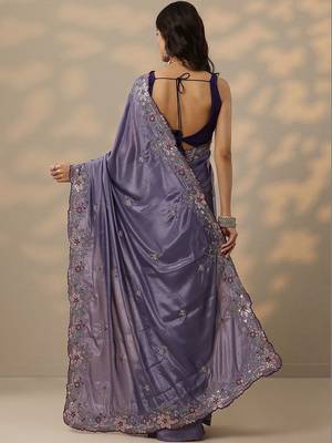 lavender embroidered crepe saree with unstitched blouse piece 2