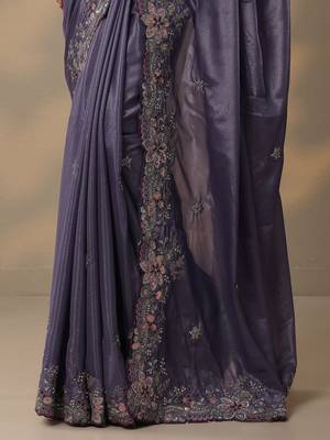 lavender embroidered crepe saree with unstitched blouse piece 3