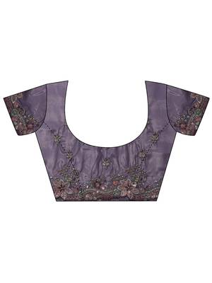 lavender embroidered crepe saree with unstitched blouse piece 4