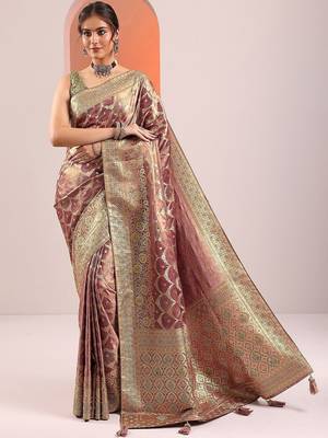 pink woven design saree with unstitched blouse piece 2