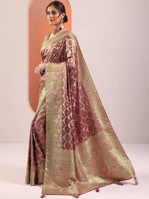 pink woven design saree with unstitched blouse piece 3