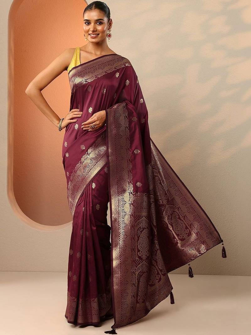 maroon woven design banarasi saree with unstitched blouse piece