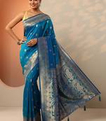 blue woven design banarasi saree with unstitched blouse piece