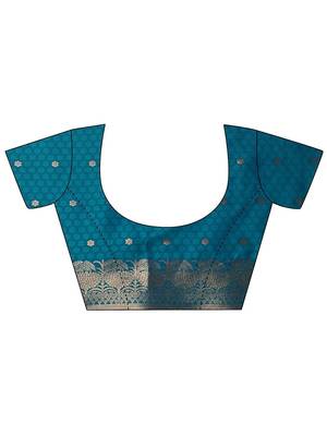 blue woven design banarasi saree with unstitched blouse piece 2