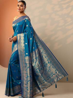 blue woven design banarasi saree with unstitched blouse piece 3