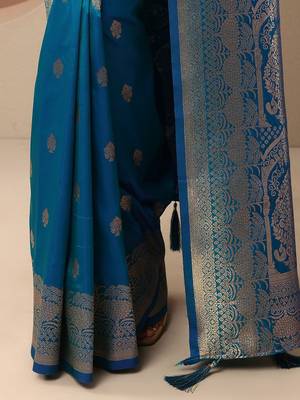 blue woven design banarasi saree with unstitched blouse piece 4