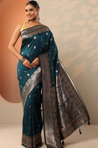 teal woven design banarasi saree with unstitched blouse piece