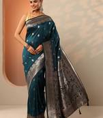 teal woven design banarasi saree with unstitched blouse piece