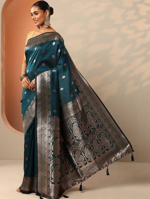 teal woven design banarasi saree with unstitched blouse piece 2