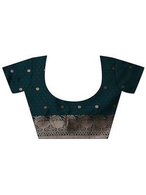 teal woven design banarasi saree with unstitched blouse piece 5