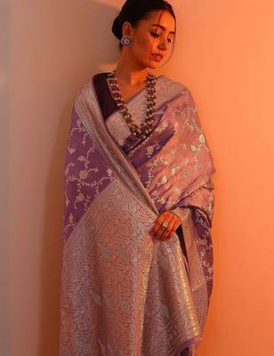 lavender woven design banarasi silk blend saree with unstitched blouse piece 1