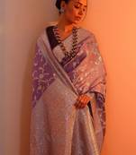 lavender woven design banarasi silk blend saree with unstitched blouse piece