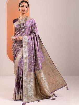 lavender woven design banarasi silk blend saree with unstitched blouse piece 2