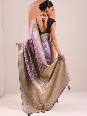 lavender woven design banarasi silk blend saree with unstitched blouse piece 4