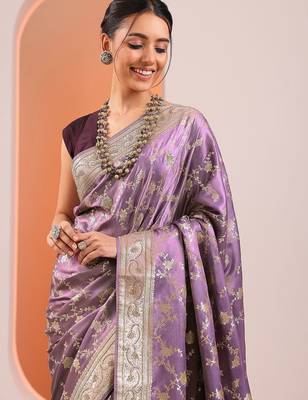 lavender woven design banarasi silk blend saree with unstitched blouse piece 5