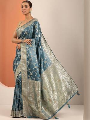 teal saree with unstitched blouse piece 3