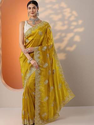 yellow embroidered banarasi organza saree with unstitched blouse piece 1