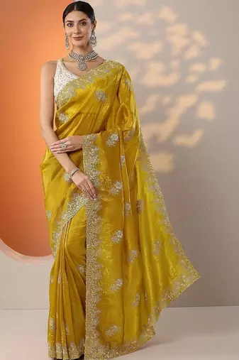 yellow embroidered banarasi organza saree with unstitched blouse piece