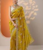 yellow embroidered banarasi organza saree with unstitched blouse piece