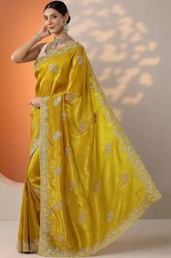 yellow embroidered banarasi organza saree with unstitched blouse piece