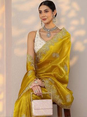 yellow embroidered banarasi organza saree with unstitched blouse piece 3