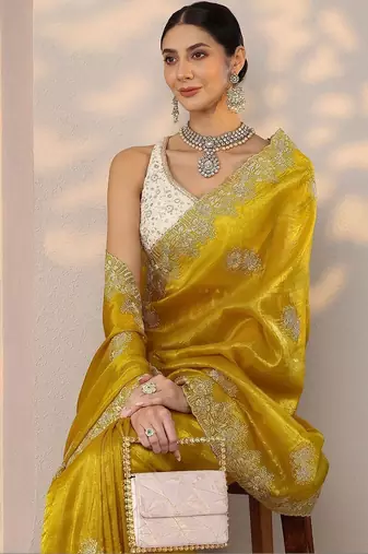 yellow embroidered banarasi organza saree with unstitched blouse piece
