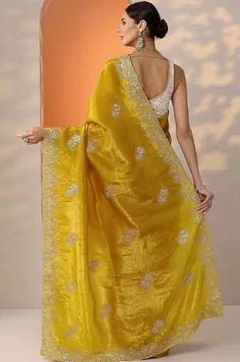 yellow embroidered banarasi organza saree with unstitched blouse piece