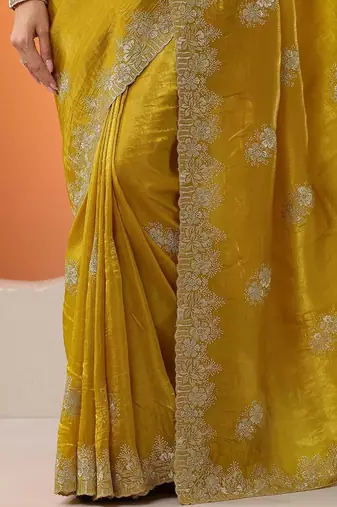 yellow embroidered banarasi organza saree with unstitched blouse piece