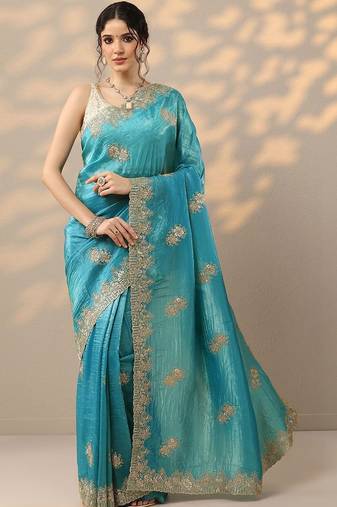 blue embroidered organza saree with unstitched blouse piece