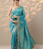 blue embroidered organza saree with unstitched blouse piece