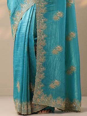 blue embroidered organza saree with unstitched blouse piece 3