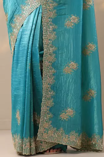 blue embroidered organza saree with unstitched blouse piece