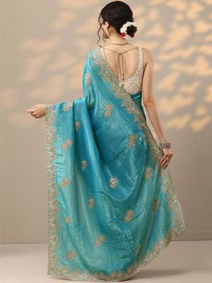 blue embroidered organza saree with unstitched blouse piece 4