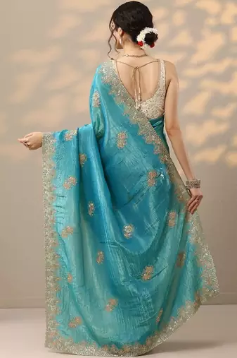 blue embroidered organza saree with unstitched blouse piece