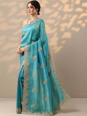 blue embroidered organza saree with unstitched blouse piece 5