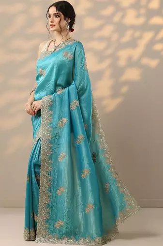blue embroidered organza saree with unstitched blouse piece