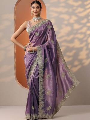 purple embroidered organza saree with unstitched blouse piece 1